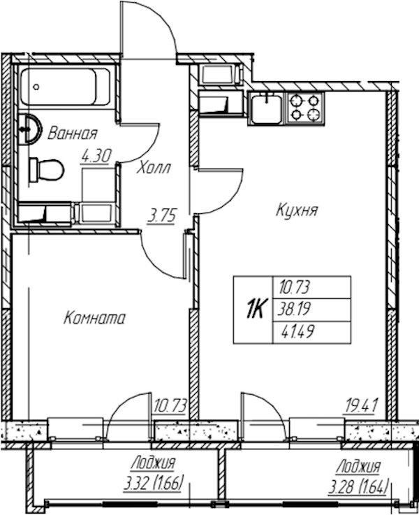 1-комнатная квартира 41.49 м², 8/22 эт., ЖК «Парк-квартал Юнтолово»